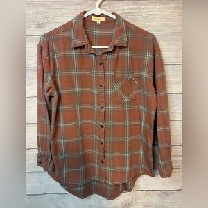 Love Notes Plaid Button Front Shirt Women’s Medium Brown Gray Blue – 100% Cotton